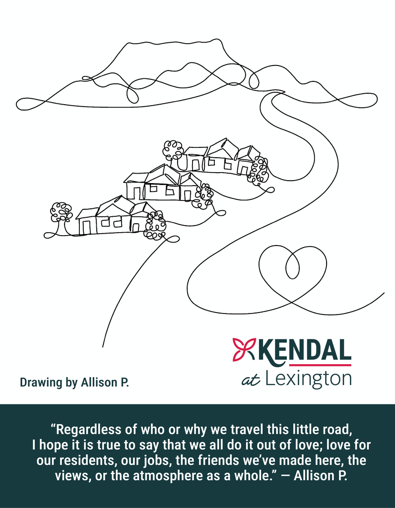 A minimalist line drawing of houses along a winding road with mountains in the background, accompanied by a quote about love and community.
