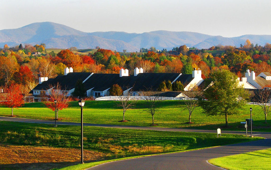 Long range vista of Kendal at Lexington with Blue Ridge Mountains in the distance