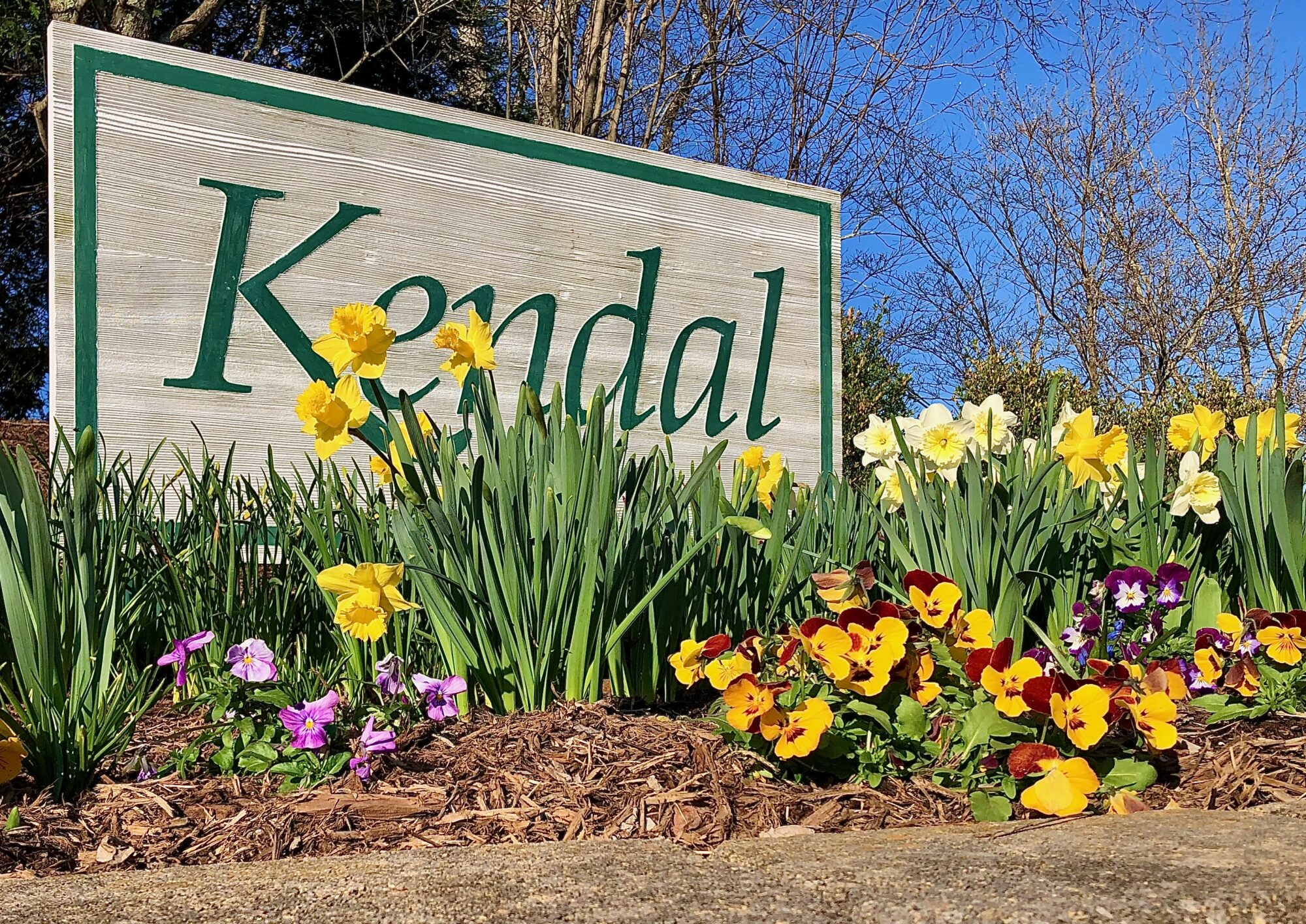 Kendal sign with Spring flowers