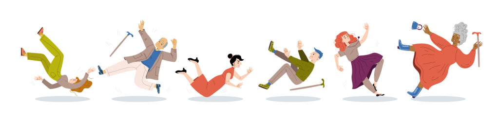 People fall down, clumsiness, danger accident, slip and stumble concept. Senior and young characters in ridiculous postures falling down on wet floor, Linear cartoon flat vector illustration, set