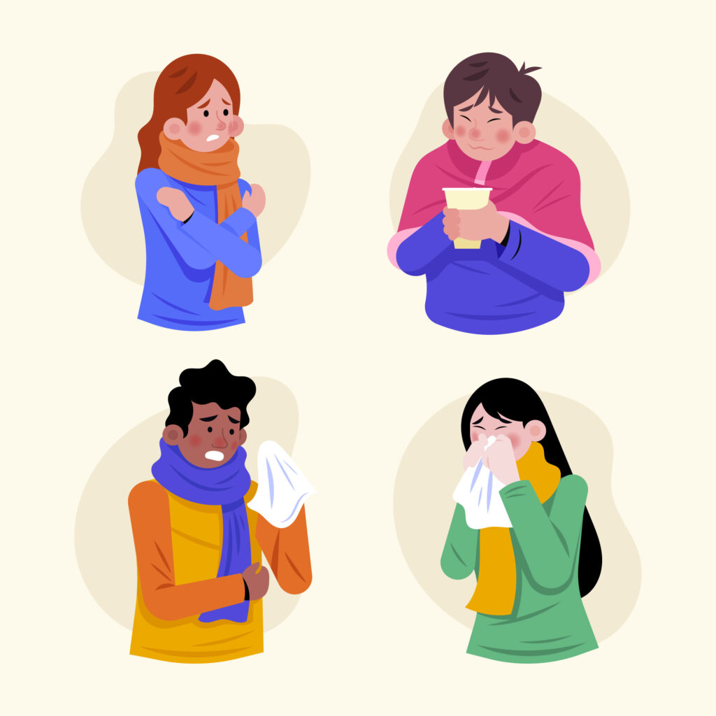 cartoon of four different people that appear to have a cold.