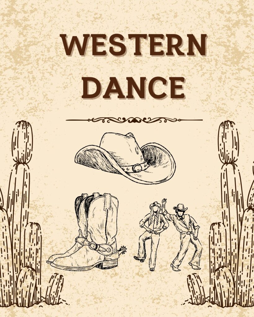 WESTERN DANCE with images of cowboys, boots and hat