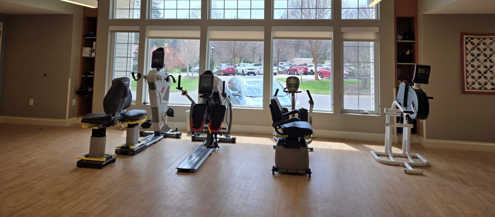 Inside of the therapy gym. Stationary equipment.